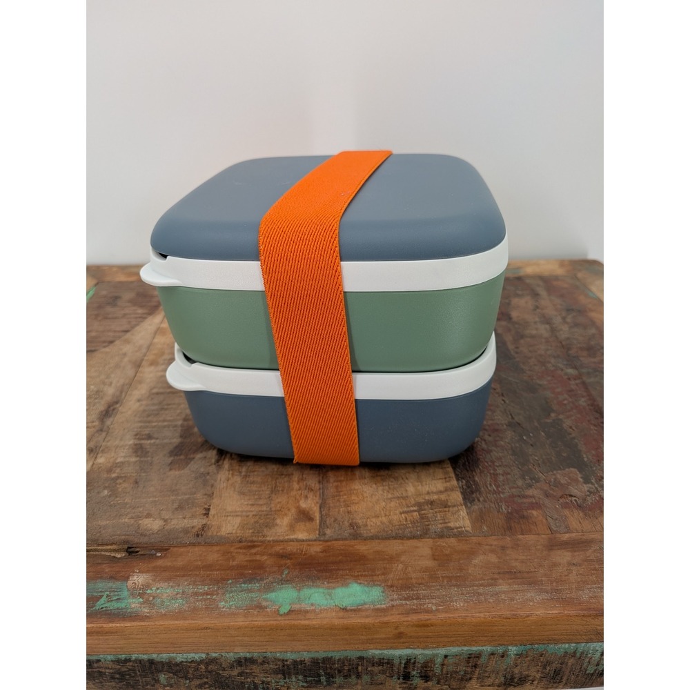 Pampered Chef Bento Lunch Box Set Blue Green Stackable Meal Prep with Strap